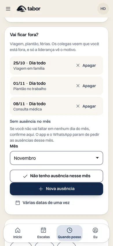 Tela Quando posso, do voluntário, com as datas de ausência já marcadas e o botão Nova ausência.