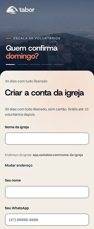 Tela de criar a conta da igreja no Tabor, com os campos em branco.