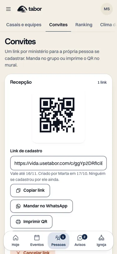 Tela de convites do Tabor, com o link de cadastro do ministério de Recepção e os botões Copiar link e Mandar no WhatsApp.