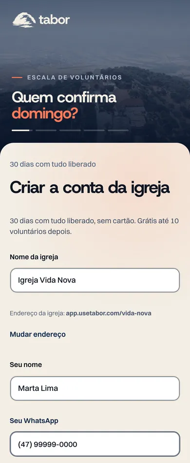 Tela de criar a conta da igreja no Tabor, com o nome da igreja, o endereço, o nome e o WhatsApp de quem cria.