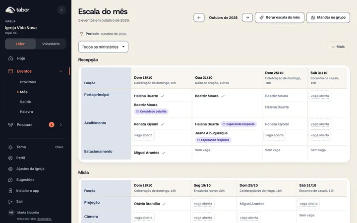 Tela da escala do mês no Tabor, com os botões Gerar escala do mês e Mandar no grupo e as vagas por função.