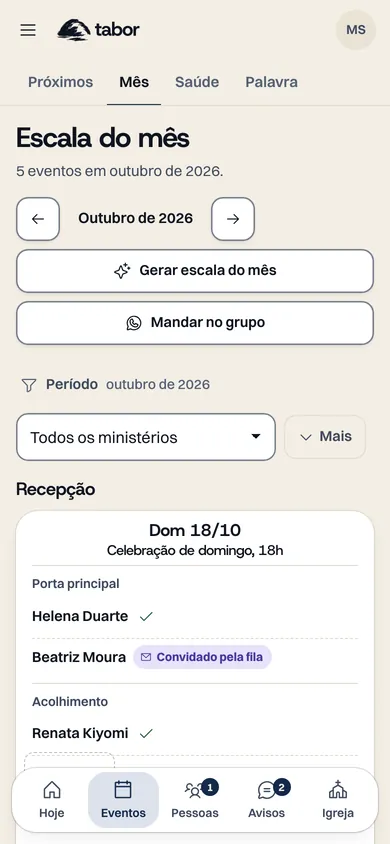 Tela da escala do mês no Tabor, com os botões Gerar escala do mês e Mandar no grupo e as vagas por função.