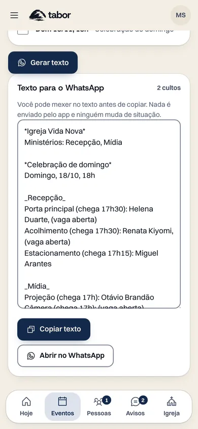Tela Mandar no grupo, com o texto da escala pronto para copiar e o botão Abrir no WhatsApp.