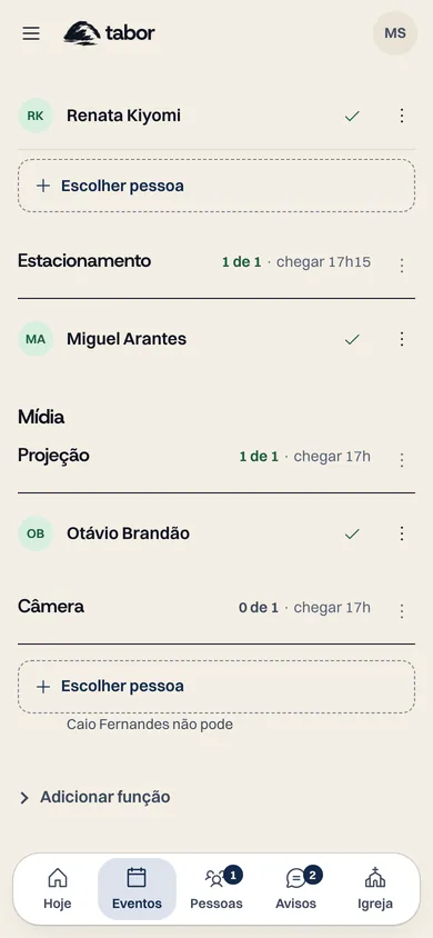 Tela do painel do líder com a escala da Mídia: Projeção, Câmera e as pessoas escaladas em cada função.