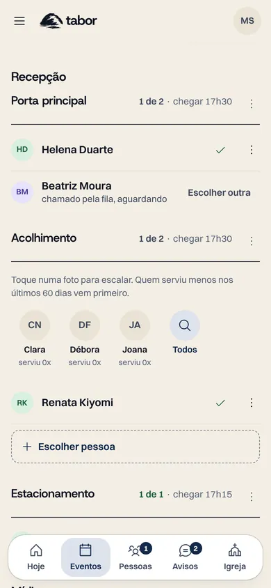 Tela do painel do líder com a escala da Recepção: Porta principal, Acolhimento, Estacionamento, as pessoas escaladas e quem ainda está aguardando.