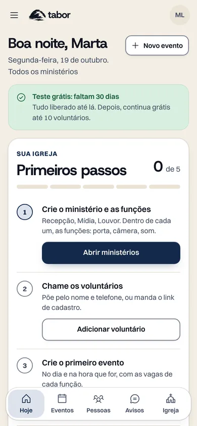 Tela inicial do Tabor no primeiro dia: Teste grátis, faltam 30 dias, tudo liberado até lá, e depois continua grátis até 10 voluntários.