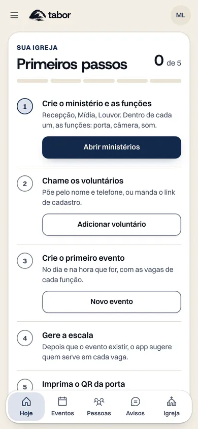 Tela inicial do Tabor com os primeiros passos: criar o ministério, chamar os voluntários, criar o primeiro evento e gerar a escala.