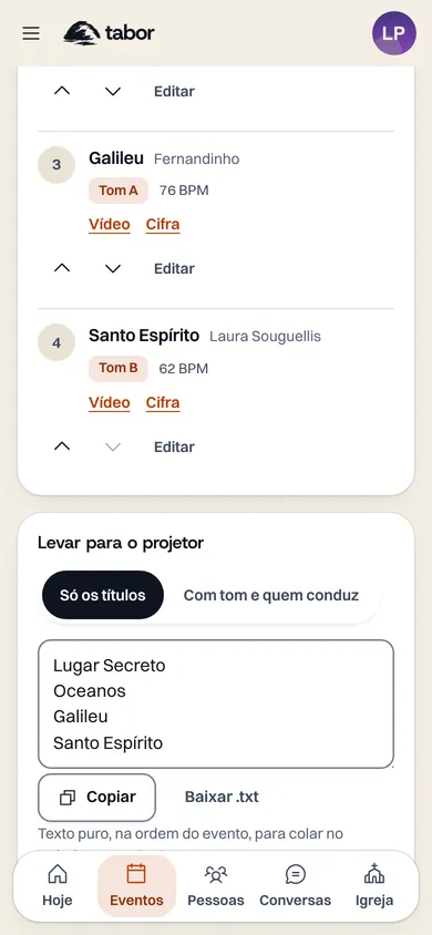 Tela Levar para o projetor do Tabor, com a lista de músicas em texto e os botões Copiar e Baixar .txt.
