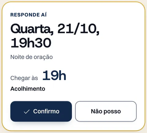 O cartão Responde aí, da tela do voluntário, com os botões Confirmo e Não posso.