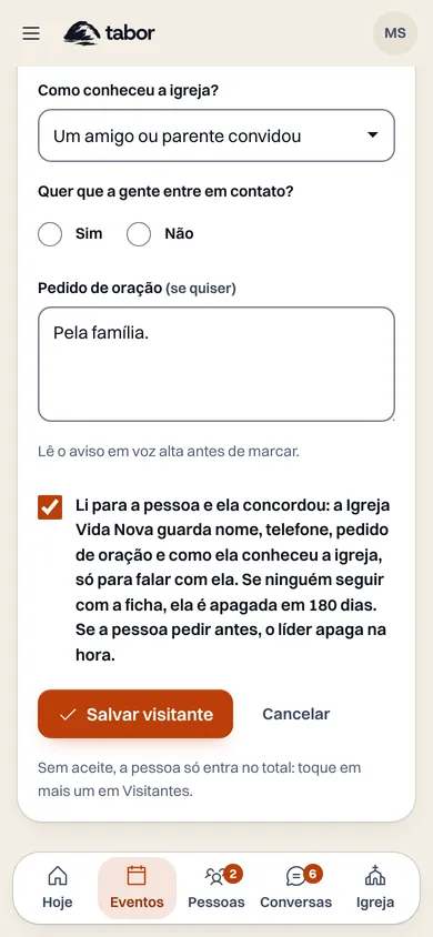 Parte final da ficha de visitante do Tabor, com o aviso de privacidade, a caixa de aceite e o botão Salvar visitante.