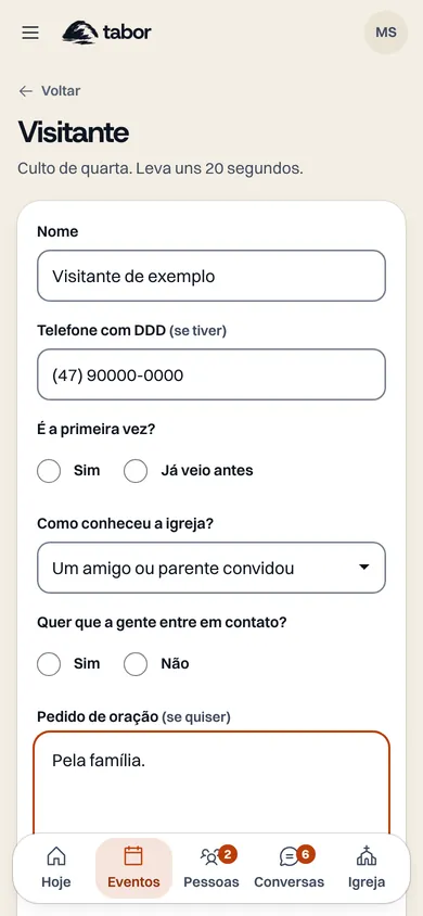 Ficha de visitante do Tabor com nome, telefone, primeira vez, como conheceu a igreja, contato e pedido de oração.
