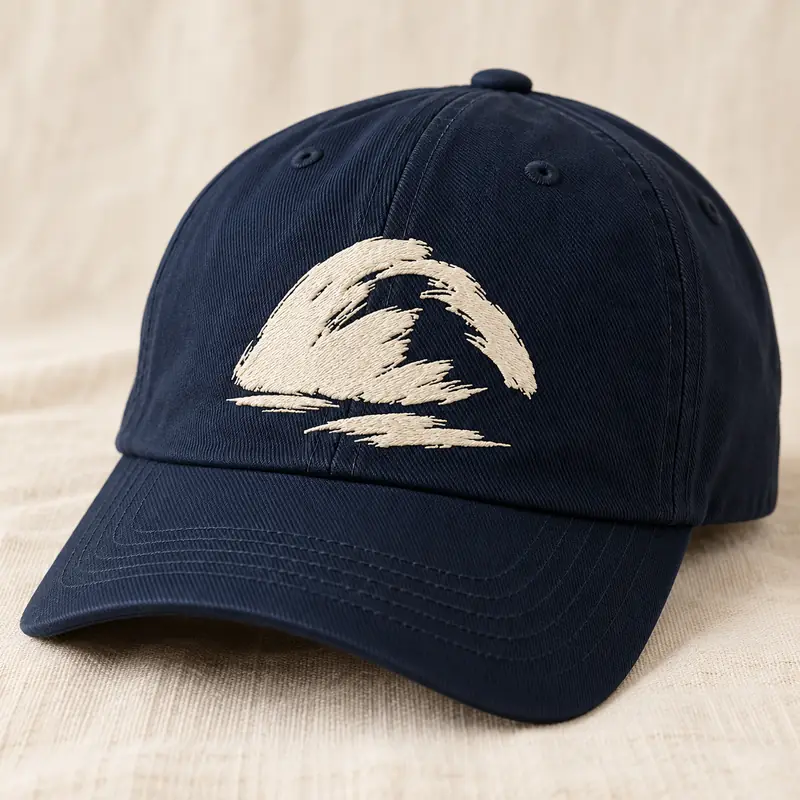 Um boné azul-marinho com o símbolo do monte bordado em creme.