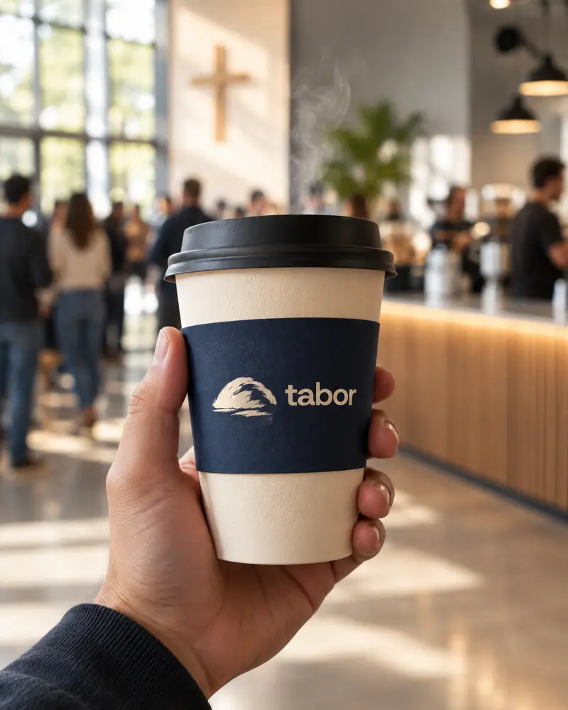 Uma mão segura um copo de café com a marca Tabor, num salão de igreja.