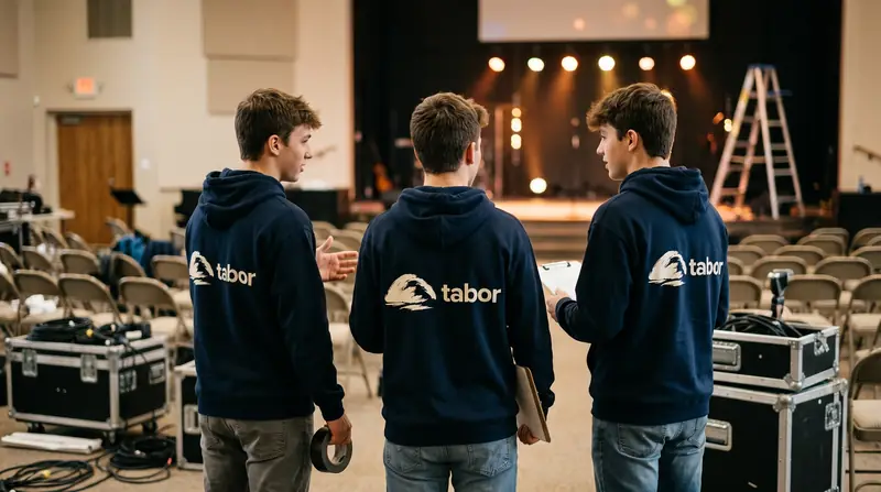 Três pessoas de costas, de moletom azul-marinho com o símbolo do Tabor, num salão com palco.